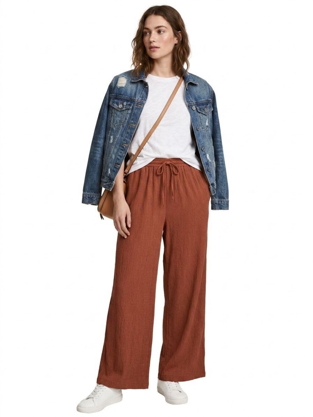 H&M Terracotta Rust Textured Crinkle Wide Leg Pull On Pants Sz L